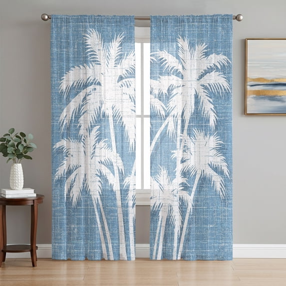Tropical Palm Tree Sheer Curtains 63 Inches Long, Vintage Sky Blue Exotic Botanical Plants Light Filtering Window Curtains for Living Room, Rod Pocket Voile Chiffon Drapes, 52"W x 63"L, 2 Panels