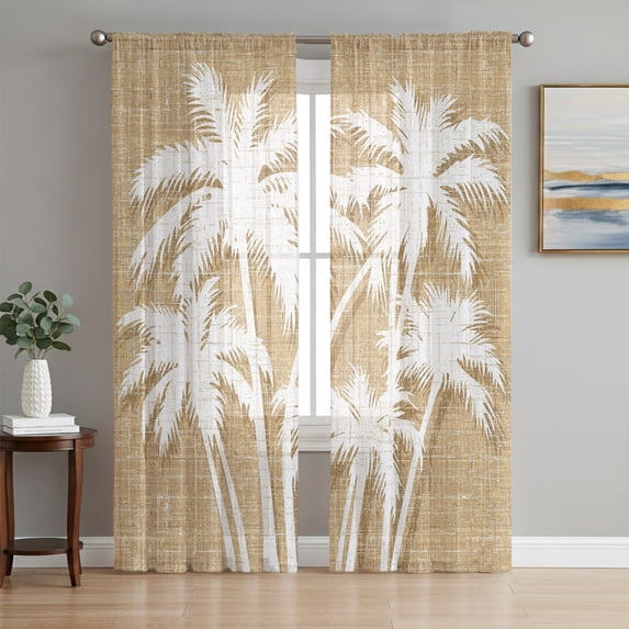 Tropical Palm Tree Sheer Curtains 84 Inches Long, Vintage Tan Exotic Botanical Plants Light Filtering Window Curtains for Living Room, Rod Pocket Voile Sheer Curtain Drapes, 52"W x 84"L, 2 Panels