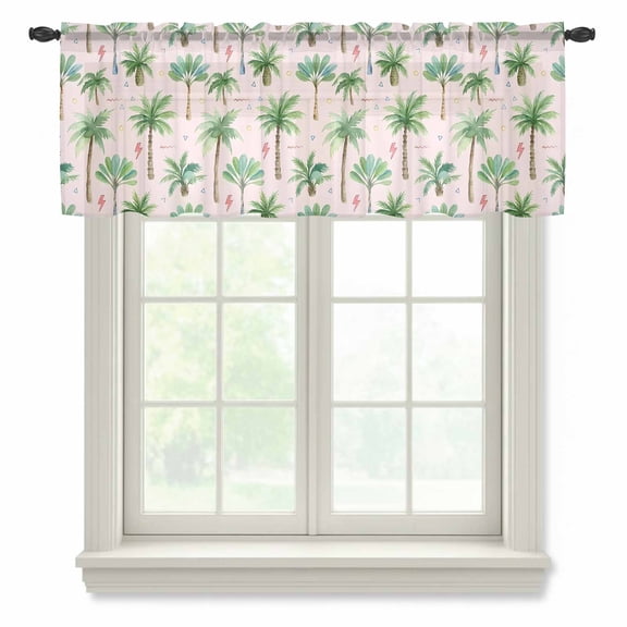 Tropical Palm Tree Sheer Valances for Windows, Lightning Summer Forest Pink Boho Semi Sheer Kitchen Valance Rod Pocket Small Voile Window Curtains for Living Room Bedroom 42 x 12 Inch