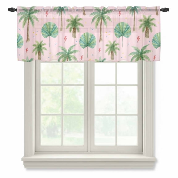 Tropical Palm Tree Sheer Valances for Windows, Lightning Summer Pink Boho Semi Sheer Kitchen Valance Rod Pocket Small Voile Window Curtains for Living Room Bedroom 42 x 12 Inch