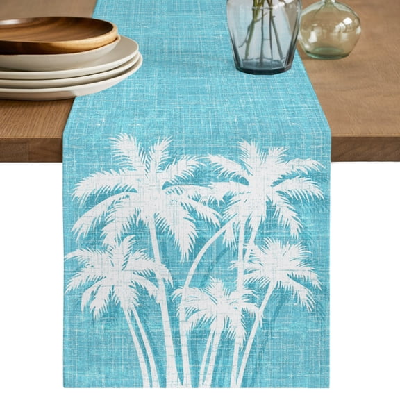 Tropical Palm Tree Short Table Runner 36 Inches Long,Vintage Aqua Exotic Botanical Plants Cotton Linen Table Runners Dresser Scarves,Fabric Tabletop Scarf Furniture Cover for Dinner Party 13"x36"