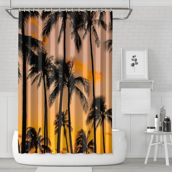 Tropical Palm Tree Shower Curtain 72x72, Quick-Dry Polyester with Hooks, Ocean Sunset Bathroom Decor for Summer Boho Beach Vibes