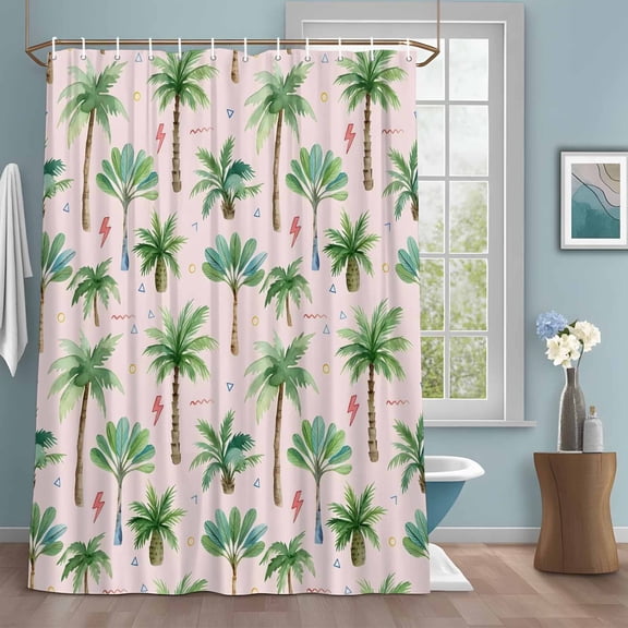 Tropical Palm Tree Shower Curtain with Hooks, Lightning Summer Forest Pink Boho Water Repellent Shower Curtains for Bathroom Decor Sturdy Shower Curtain, Machine Washable 36x72 Inch