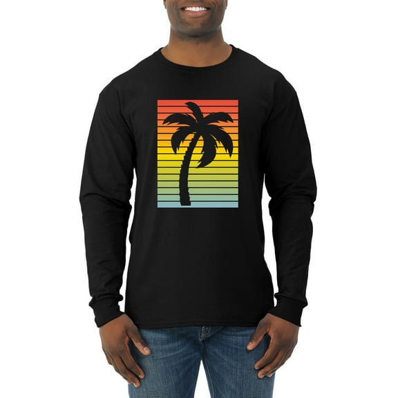 Tropical Palm Tree Silhouette | Mens Pop Culture Long Sleeve T-Shirt, Black, Small