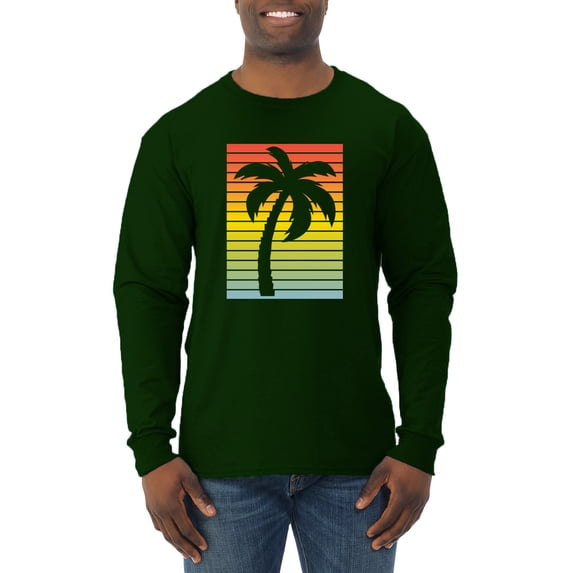 Tropical Palm Tree Silhouette | Mens Pop Culture Long Sleeve T-Shirt, Forest Green, X-Large