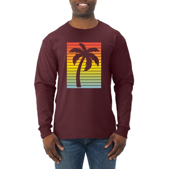 Tropical Palm Tree Silhouette | Mens Pop Culture Long Sleeve T-Shirt, Maroon, Small