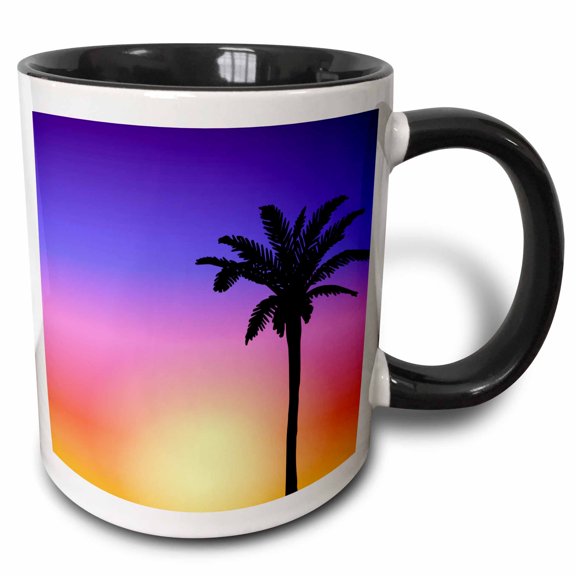 3drose, Tropical Palm Tree Silhouette Shadow at Sunset - Purple Pink Orange and Yellow Setting Sun Scene, 11oz Two-tone Black Mug