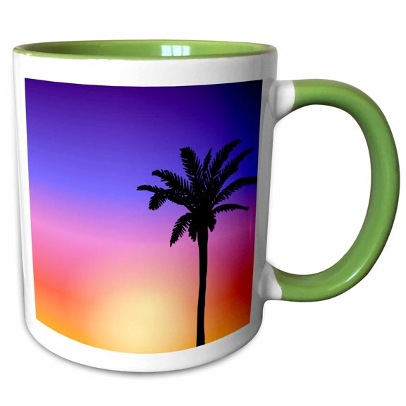3drose, Tropical Palm Tree Silhouette Shadow at Sunset - Purple Pink Orange and Yellow Setting Sun Scene, 11oz Two-tone Green Mug