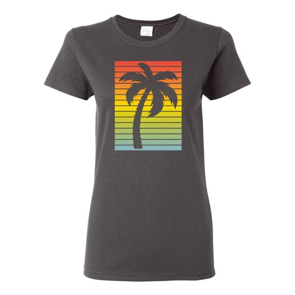 Tropical Palm Tree Silhouette | Womens Pop Culture Graphic T-Shirt, Charcoal, X-Large
