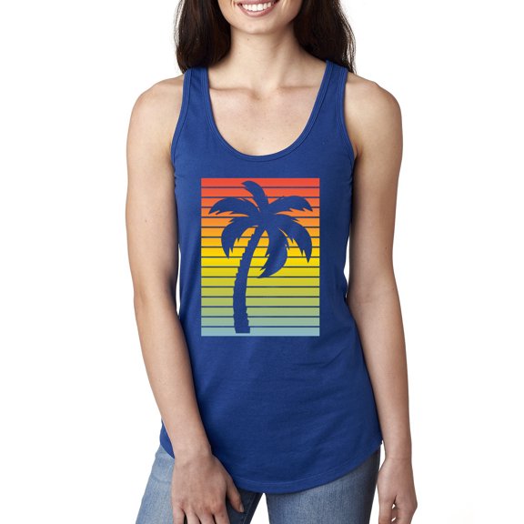 Tropical Palm Tree Silhouette | Womens Pop Culture Jersey Racerback Tank Top, Royal, Medium