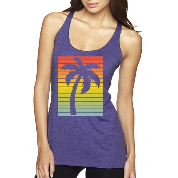 Tropical Palm Tree Silhouette | Womens Pop Culture Premium Tri-Blend Racerback Tank Top, Purple Rush, Small