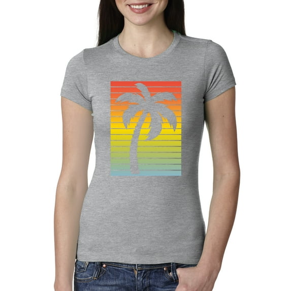 Tropical Palm Tree Silhouette | Womens Pop Culture Slim Fit Junior Tee, Heather Grey, Small