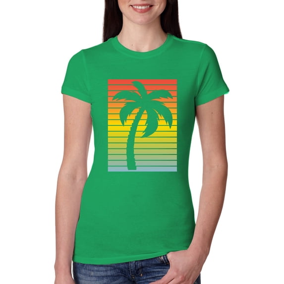 Tropical Palm Tree Silhouette | Womens Pop Culture Slim Fit Junior Tee, Kelly, 2XL