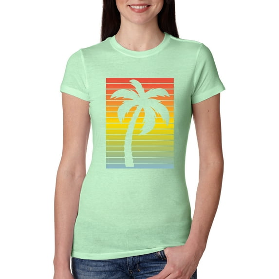 Tropical Palm Tree Silhouette | Womens Pop Culture Slim Fit Junior Tee, Mint, Large