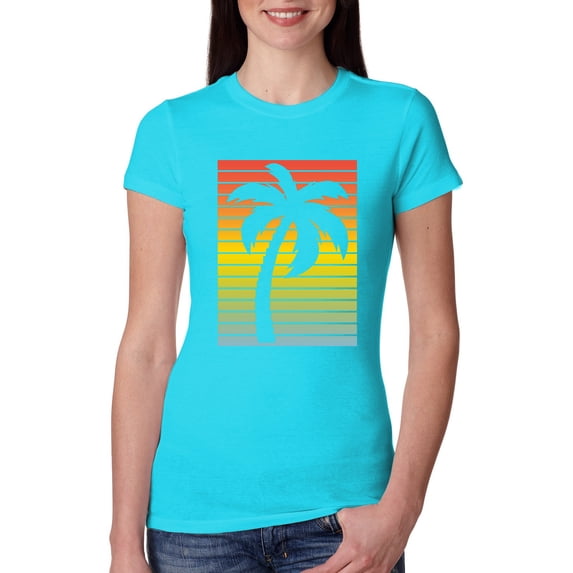 Tropical Palm Tree Silhouette | Womens Pop Culture Slim Fit Junior Tee, Tahiti Blue, X-Large