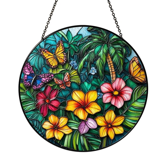 Tropical Palm Tree Stained Glass Suncatcher, Jungle Flower Window Hanging Art, Exotic Nature Window Decor, Colorful Floral Home Decoration, Gift for Nature and Garden Lovers