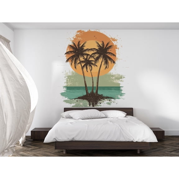 Tropical Palm Tree Sunset Wall Decal Large Beach Mural for Bedroom Coastal Boho Removable Vinyl Wall Art - 34*65 Inches