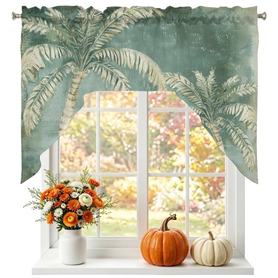 Tropical Palm Tree Swag Valances for Windows, Small Curtains Drapes, Coastal Summer Vintage Sage Greeb Kitchen Window Curtains Over Sink Window Treatment Valance for Bedroom/Bathroom 56"x36"
