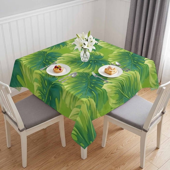 Tropical Palm Tree Table Cloth Waterproof Tablecloths, Green Leaves Summer Coastal Plants Tablecloth Dining Table Cover for Kitchen Party Tabletop Outdoor, Square Tablecloth 60x60 Inch