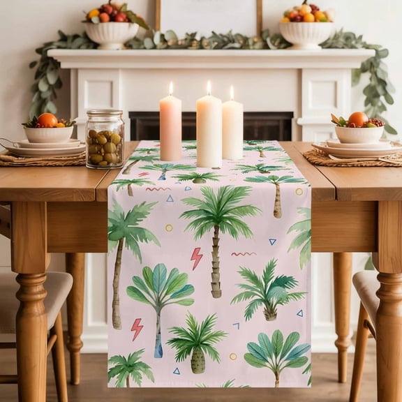 Tropical Palm Tree Table Runner, Lightning Summer Forest Pink Boho Washable Cotton-linen Table Runners Dining Kitchen Decoration for Everyday Home Wedding Party Decor, 13 x 36 Inch