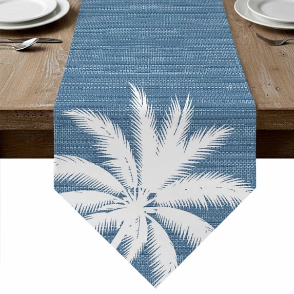 Tropical Palm Tree Table Runner Linen Burlap Table Runner 72 Inches Long Retro Blue Summer Coastal Coconut Leaves Dresser Scarves for Kitchen Island Coffee Dining Room Party Holiday Decor 13"x72"