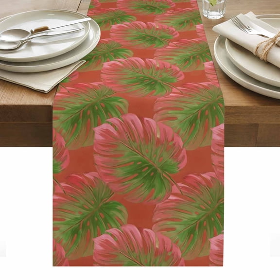 Tropical Palm Tree Table Runner Pink Green Leaves Summer Coastal Tablerunners 13 x 90 Inch, Table Decorations Tabletop Scarf for Summer Gathering Holiday Farmhouse Kitchen Dining Decor