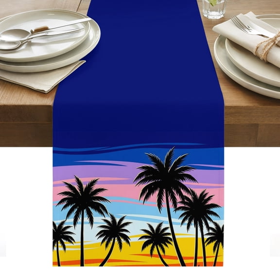 Tropical Palm Tree Table Runner Summer Gradient Sunset Ocean Plants Tablerunners 13 x 36 Inch, Table Decorations Tabletop Scarf for Summer Gathering Holiday Farmhouse Kitchen Dining Decor