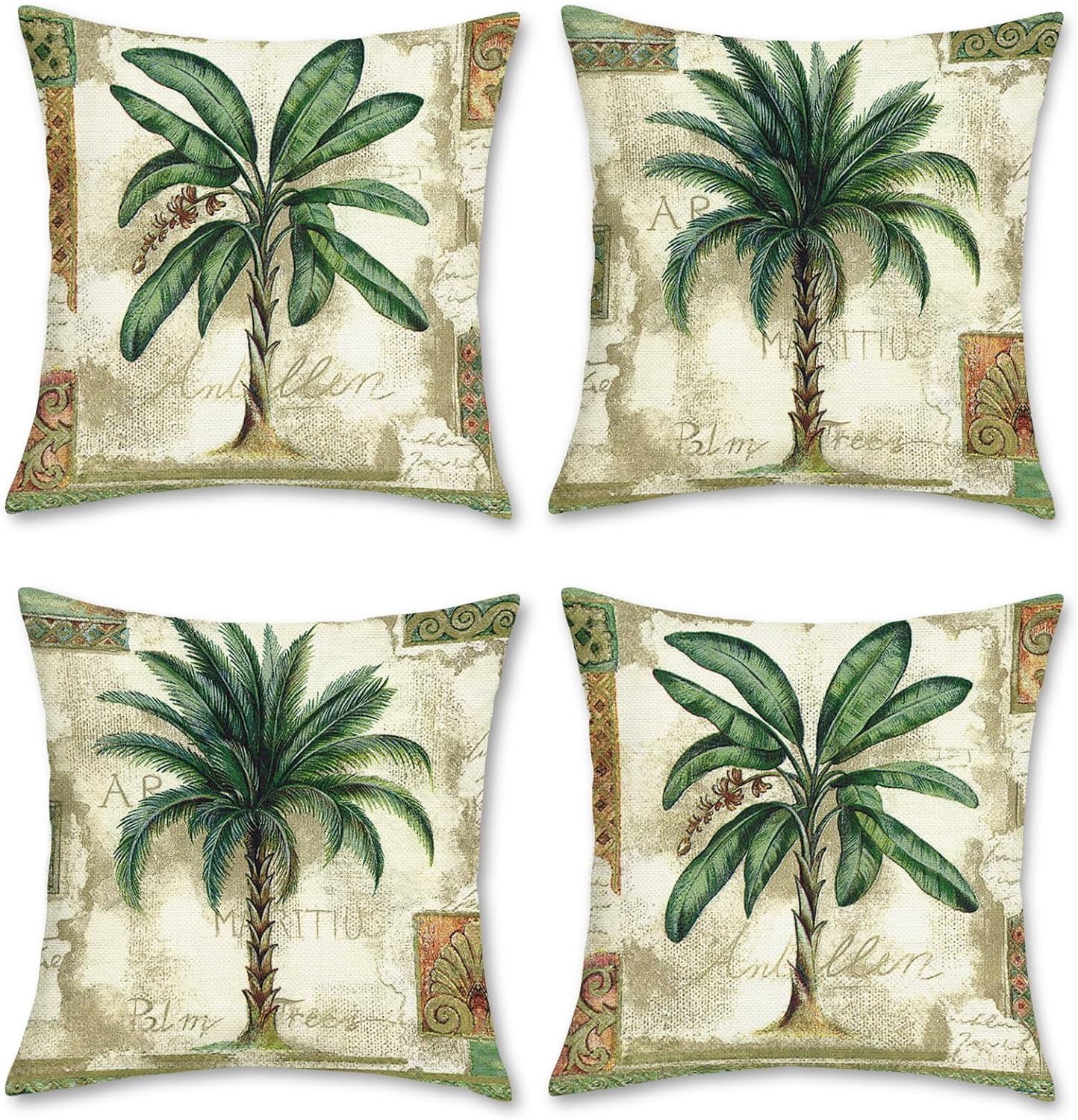 Vintage Green Palm Tree Polyester Linen Throw Pillow Covers Set of 4