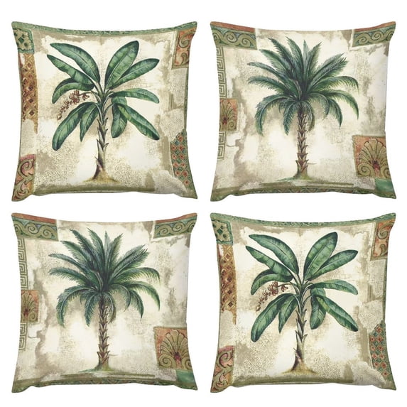 Tropical Palm Tree Throw Pillow Covers 20 x 20 Inch Summer Outdoor Green Leaves Decorative Pillow Cases Polyester Linen Cushion Covers for Couch Sofa Home Decor Set of 4
