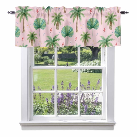 Tropical Palm Tree Valances for Windows, Lightning Summer Pink Boho Rod Pocket Valance Short Window Treatments Curtains for Kitchen Bathroom Bedroom Decor, 42 x 12 Inches