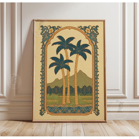 Tropical Palm Tree Volcano Print Teal Ochre Landscape Wall Art