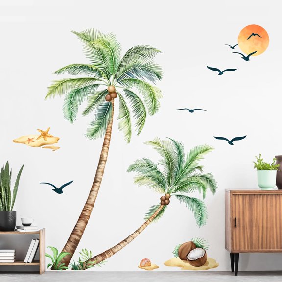 Tropical Palm Tree Wall Decals Peel and Stick Green Palm Leaves Summer Beach Wall Art Stickers for Living Room Bedroom TV Sofa Background Decor