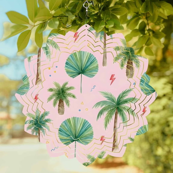 Tropical Palm Tree Wind Spinner for Garden Yard 8In, Lightning Summer Pink Boho 3D Stainless Steel Kinetic Hanging Wind Spinners Rustproof Outdoor Decor for Lawn Patio Home