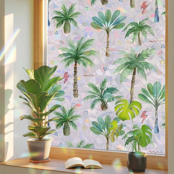 Tropical Palm Tree Window Privacy Film, Lightning Summer Forest Pink Boho Stained Glass Rainbow Film Decorative Window Clings, Static Cling Sun Blocking Stickers 17.7" x 39.3"