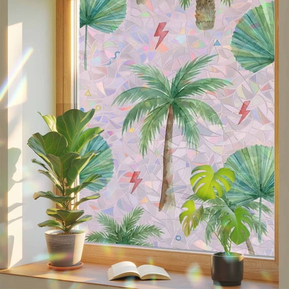 Tropical Palm Tree Window Privacy Film, Lightning Summer Pink Boho Stained Glass Rainbow Film Decorative Window Clings, Static Cling Sun Blocking Stickers 17.7" x 39.3"