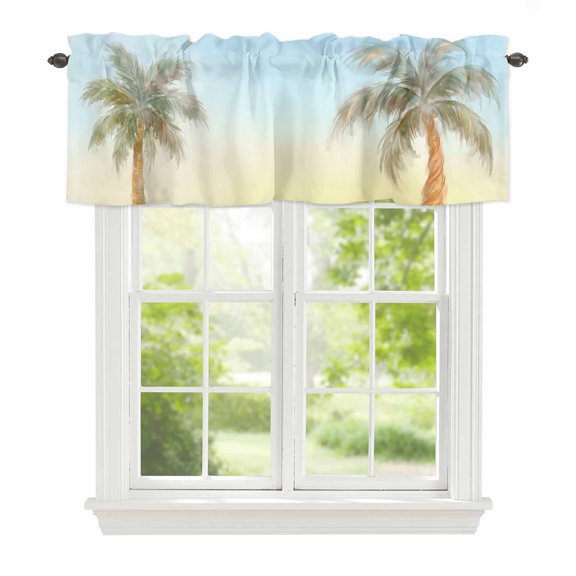 Tropical Palm Tree Window Valance Curtain Coastal Sand Ocean Sky Blue Rod Pocket Valance for Windows Short Curtain for Living Room, Bedroom & Kitchen Window Decor 42x12in