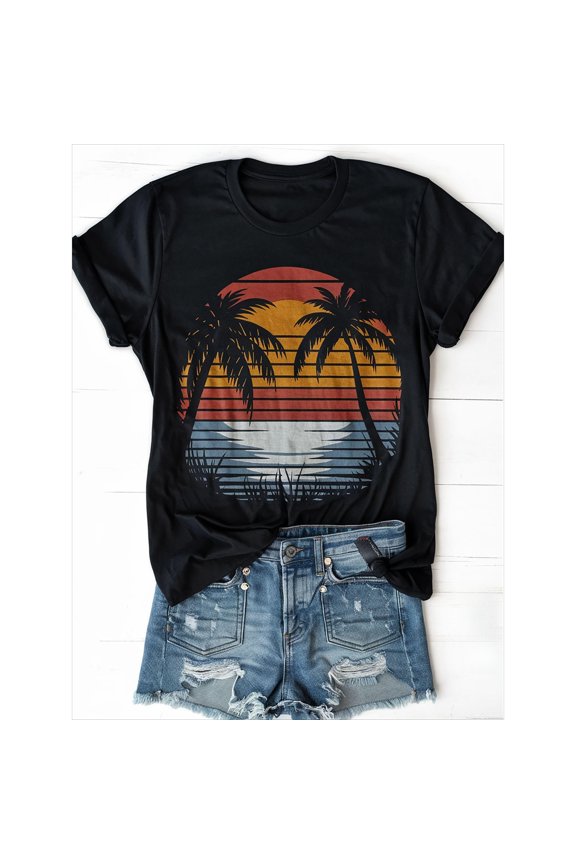 Tropical Palm Tree Womens Graphic Tee Shirt Sunset Print Casual Tops Short Sleeve Crew Neck Black S-5XL