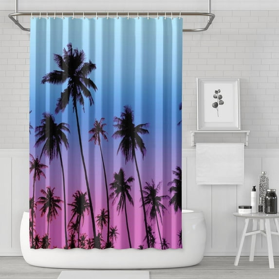 Tropical Palm Trees Bathroom Curtain Waterproof 72x72 Inch - Summer Beach Design Fade-Resistant Fabric Quick-Dry Includes Hooks for Shower Decor