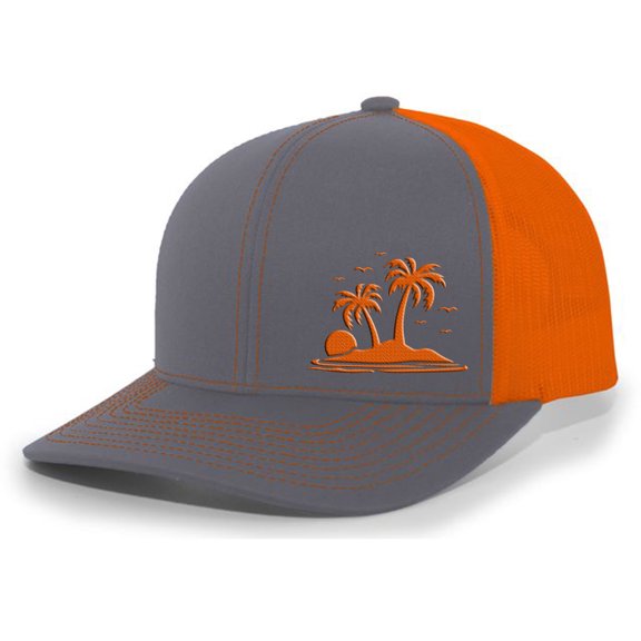 Tropical Palm Trees Beach Vacation Embroidered Mesh Back Trucker Hat, Charcoal/Orange
