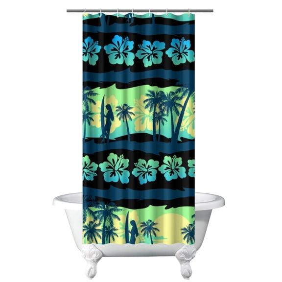 Tropical Palm Trees Boho Shower Curtain, Waterproof Fabric with Vibrant Hawaiian Sunset Beach and Minimalist Palm Tree Prints, Includes 6 Hooks, Perfect for Beachy Bathroom Decor