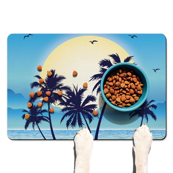Tropical Palm Trees Dog Food Mat with Summer Beach Palm Trees and Vibrant Tropical Paradise Patterns – Waterproof, Durable, Non-Slip Pet Feeding Mat