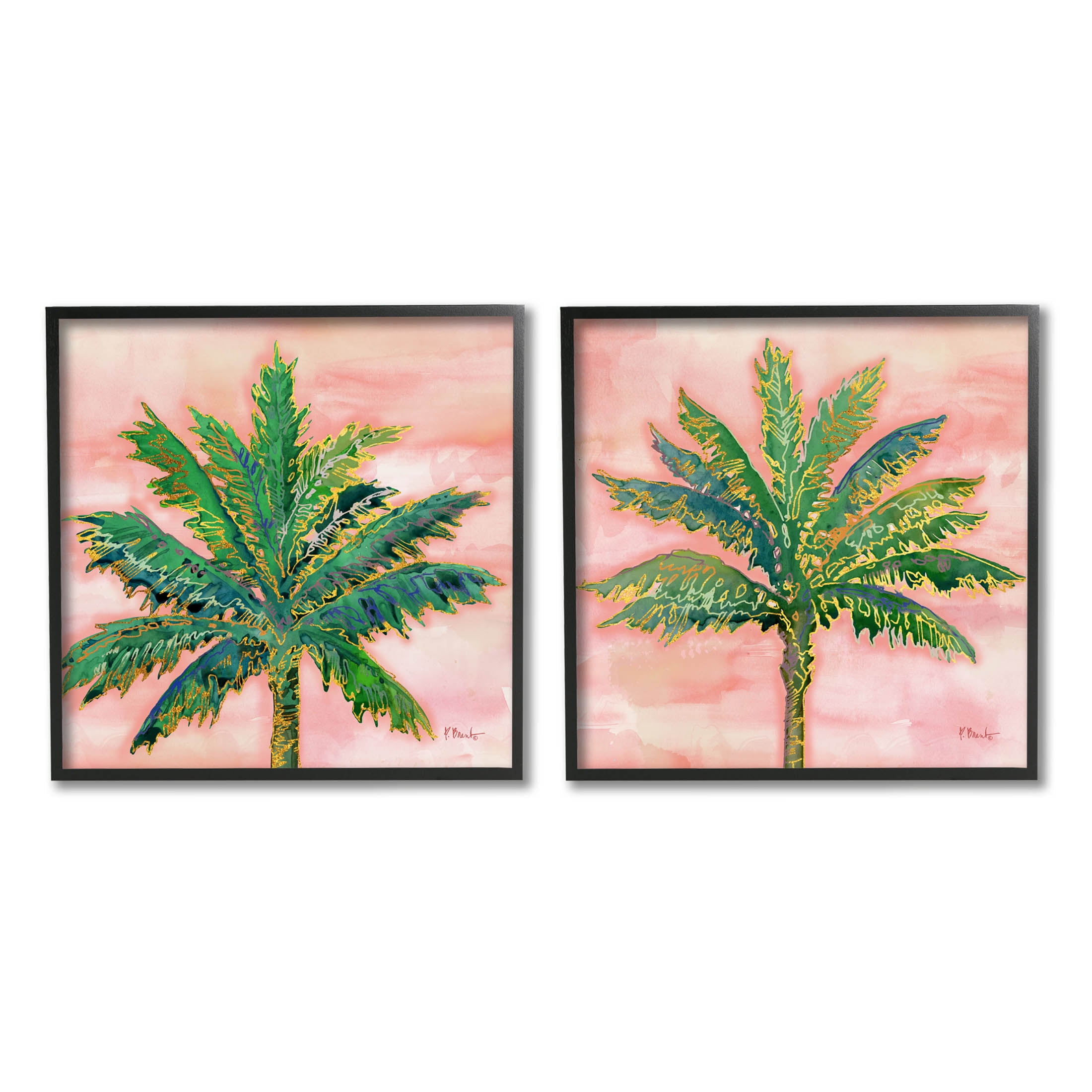 Tropical Palm Trees Glam Detail Black Framed Art Set