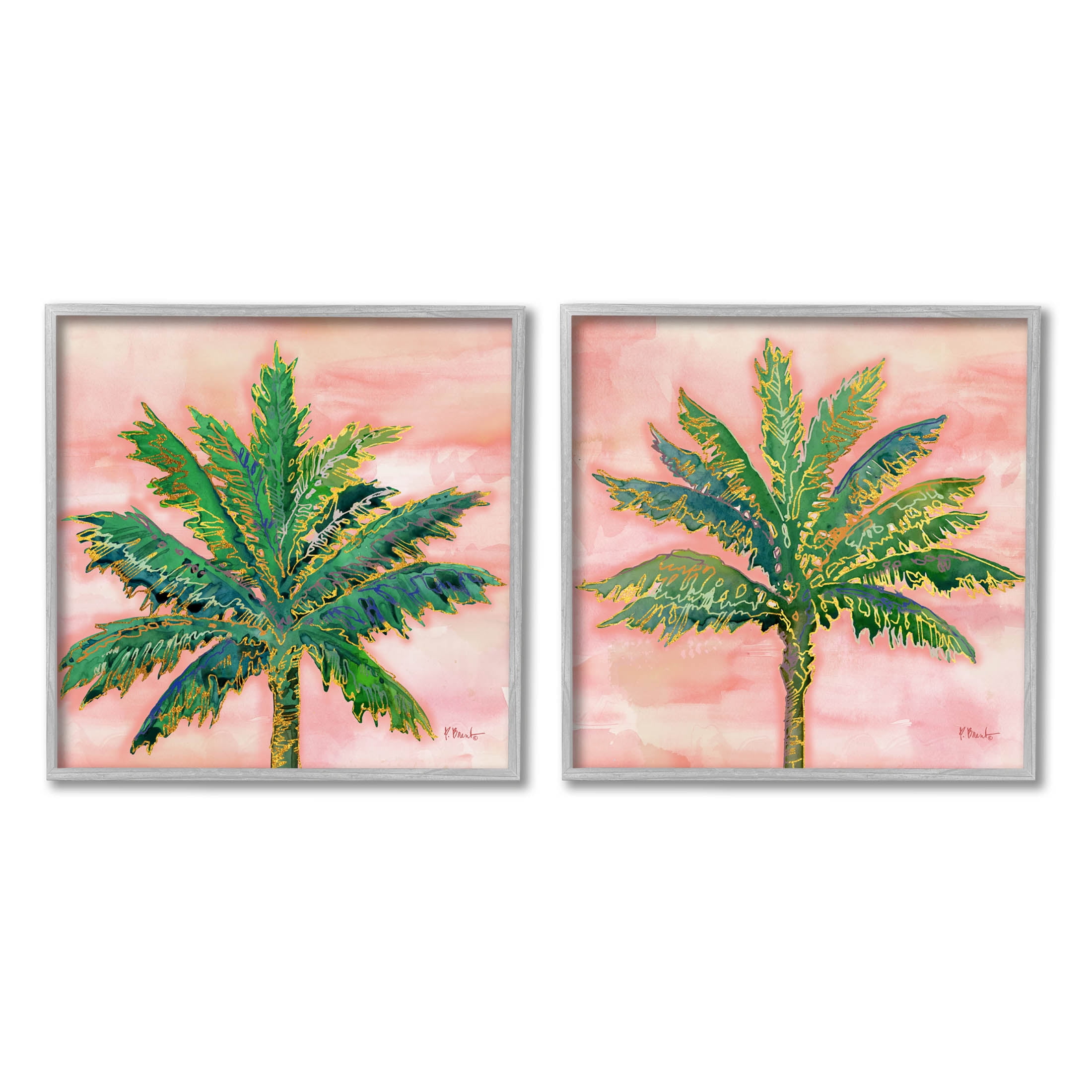 Tropical Palm Trees Glam Detail Botanical & Floral Graphic Art Gray Framed Art Print Wall Art, Set of 2