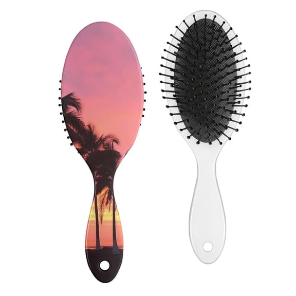 Tropical Palm Trees Hair Brush, Boho Summer Beach Detangling Paddle Brush with Hawaiian Sunset Design, Soft Cushion Hairbrush for All Hair Types, Gift Idea