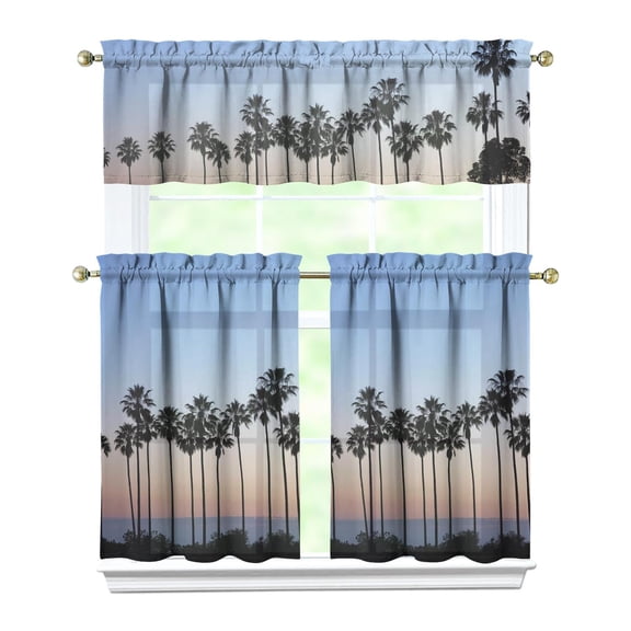Tropical Palm Trees Kitchen Curtains Set, Rod Pocket Tier and Valance, Vibrant Tropical Paradise Kitchen Window Curtains