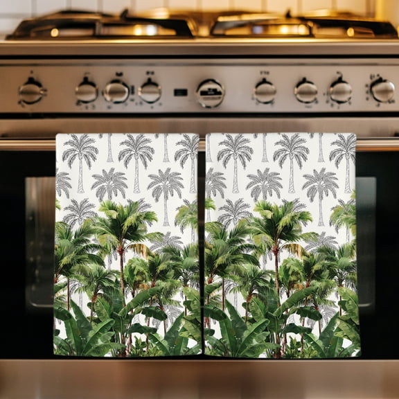 Tropical Palm Trees Kitchen Towels Set of 2, Summer Botanical Leaves Green Gray Absorbent Dish Towels for Kitchen, Microfiber Hand Towel, Quick Drying Tea Towel for Cleaning Decorative Dishcloths
