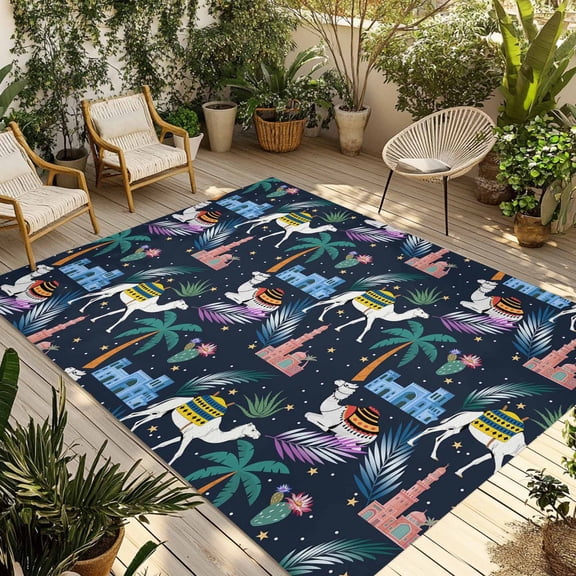 Tropical Palm Trees Outdoor Rug 3x5 Ft - Reversible Patio Rug Outdoor Camping Rugs, Desert Camels Houses Aloe Vera Black Indoor Outdoor Area Rugs, Non-Slip Outdoor Carpet Runner for Deck/Porch