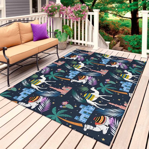 Tropical Palm Trees Outdoor Rug 5x7 Ft, Non Slip Washable Area Rug, Desert Camels Houses Aloe Vera Black Patio Rugs Carpet Runner, Large Floor Mat for Indoor/Outdoor Deck Porch Camping