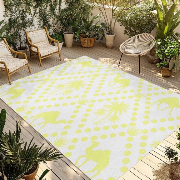 Tropical Palm Trees Outdoor Rug for Patio/Deck/Porch, Non-Slip Large Area Rug 3 x 5 Ft, Desert Camels Aloe Vera Polka Dot Yellow Indoor Outdoor Rugs Washable Area Rugs, Camping Rug Carpet Runner