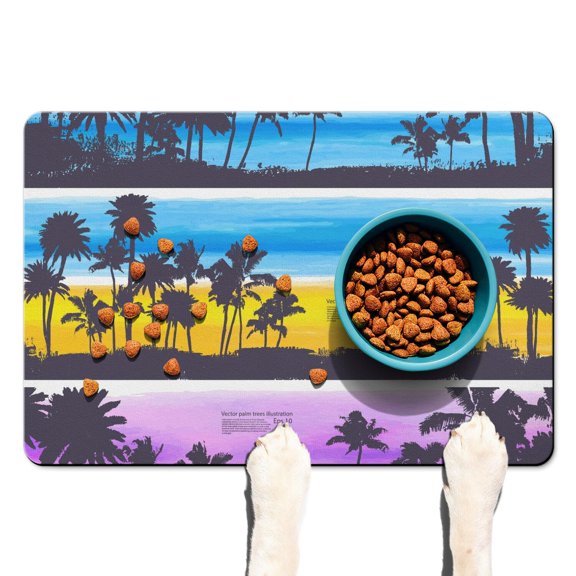 Tropical Palm Trees Pet Water Bowl Mat - 4-Layer Absorption - Hawaiian Sunset Beach Design - Eco-Friendly Materials - Large Size Feeding Pad
